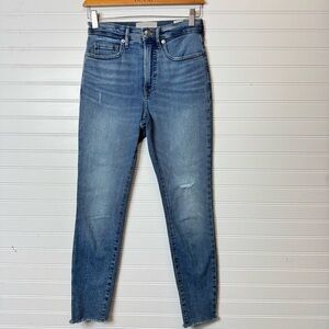 Everlane The High Rise Skinny Jean Blue Denim Raw Hem Distressed Ankle Jeans 25
